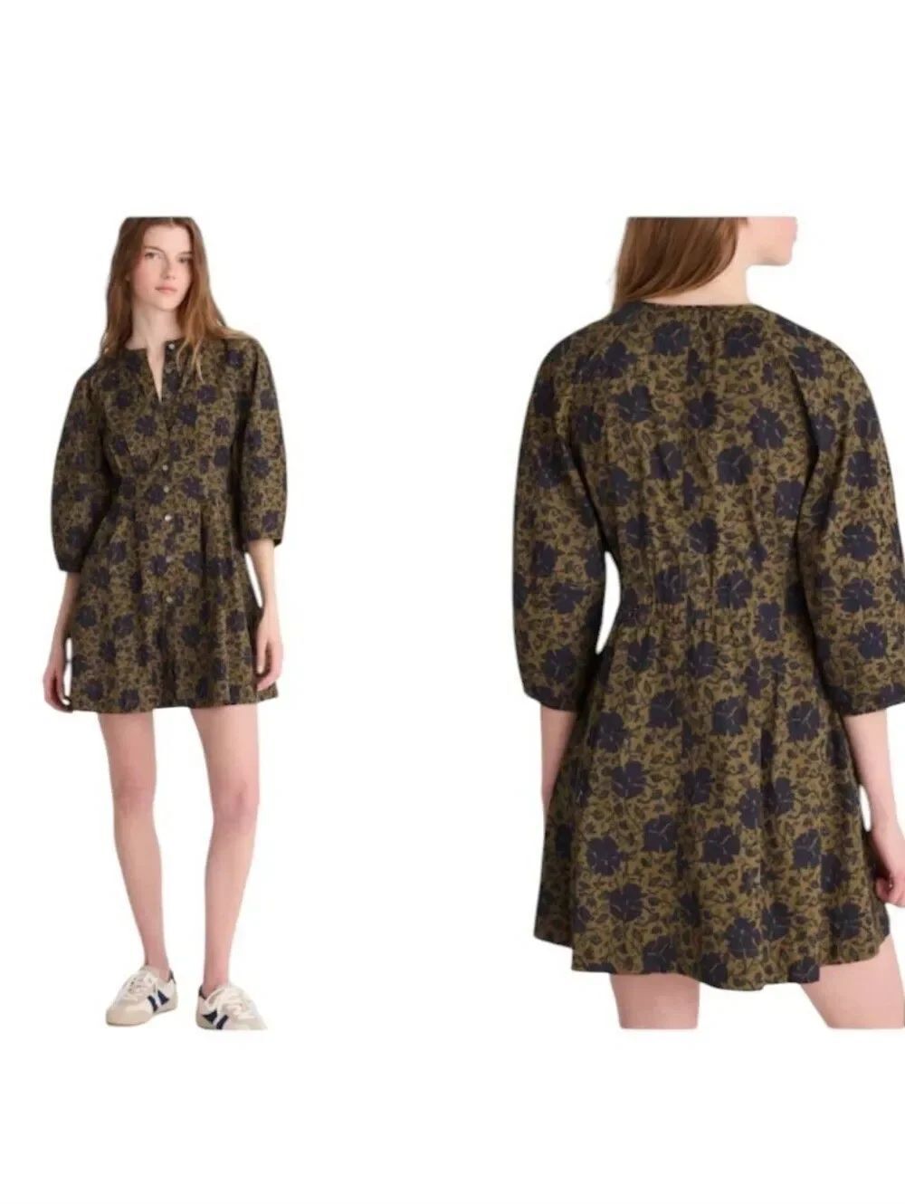 NWT Madewell Sculptural Sleeve Pleated Mini Dress Floral Chateau olive Green 18